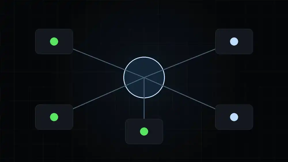 Ilustração de inteligência artificial conectada a processos, dados e equipes de uma empresa