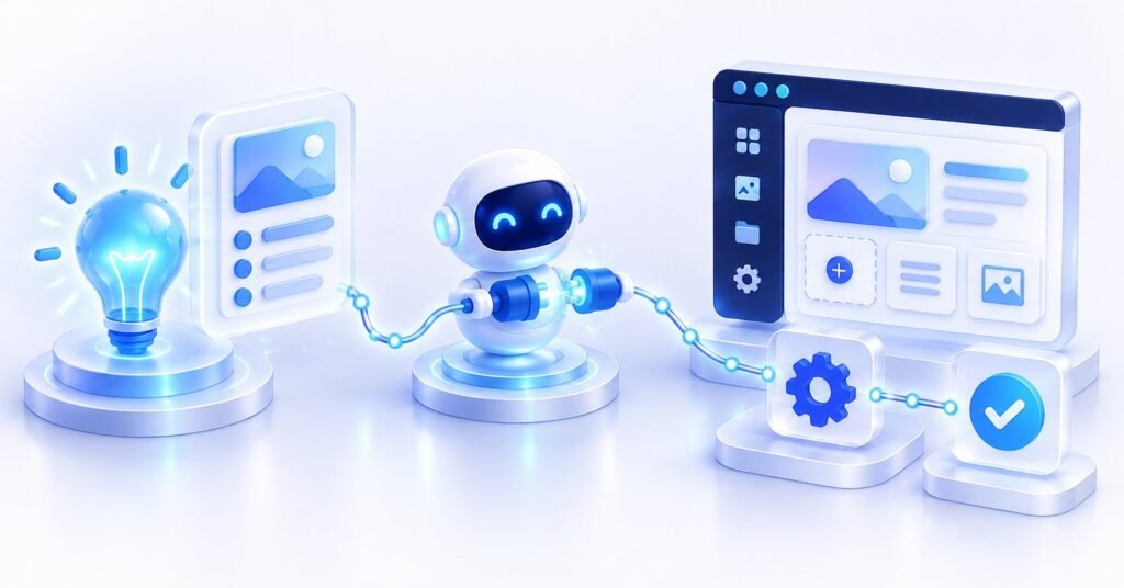 Ilustração 3D azul mostrando uma ideia de inteligência artificial sendo transformada em ação no WordPress