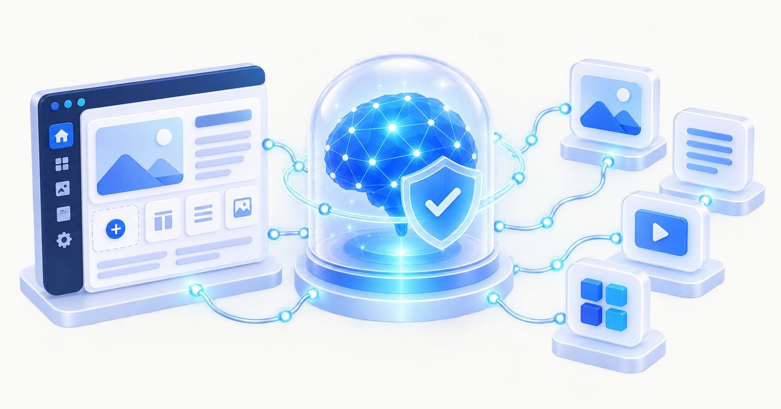 Ilustração 3D azul de um cérebro de inteligência artificial protegido e conectado a um painel WordPress