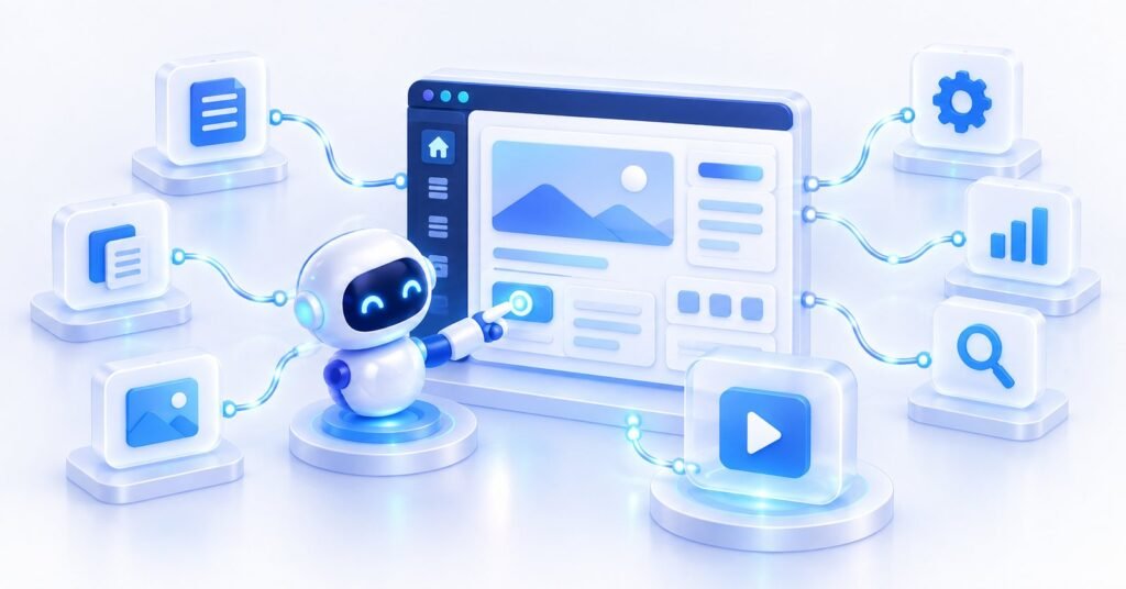 Ilustração 3D azul de uma inteligência artificial gerenciando posts, páginas, mídia e SEO no WordPress