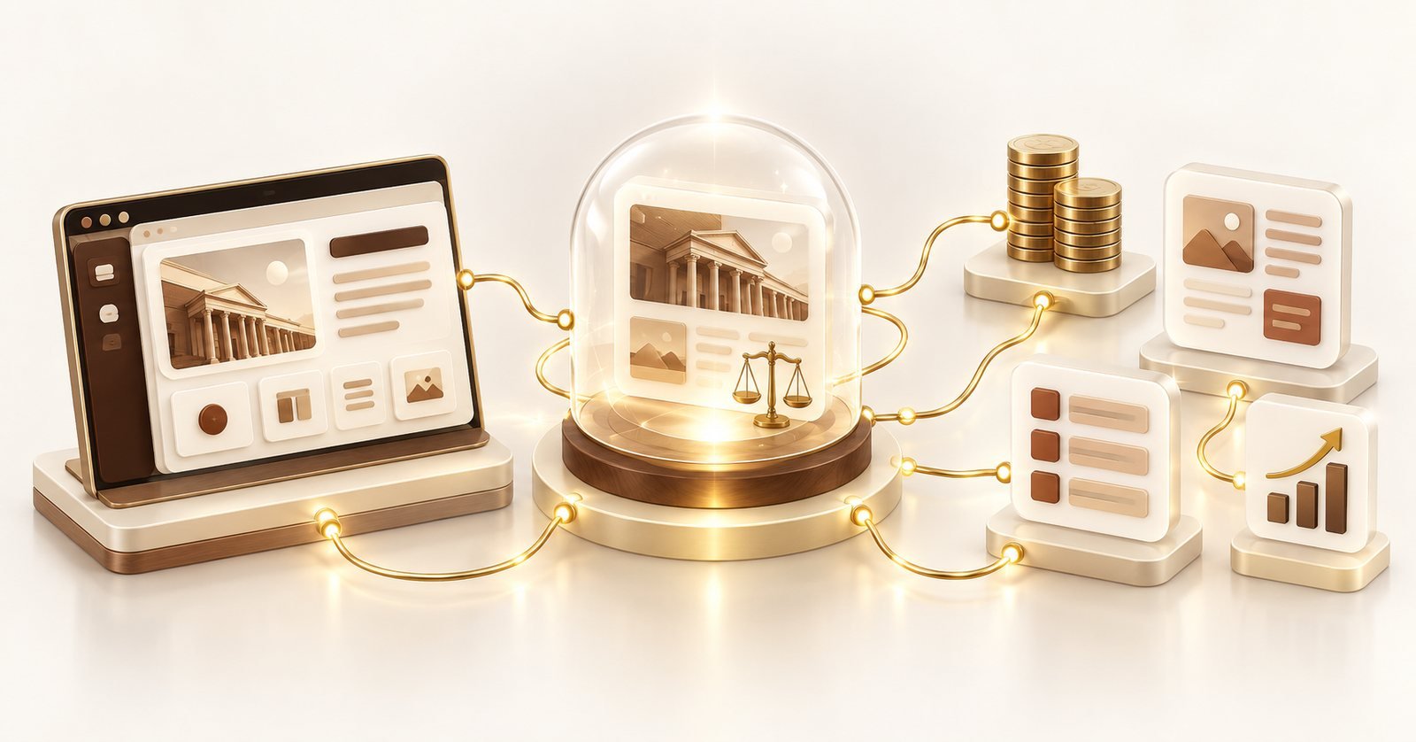 Ilustração 3D em dourado e marrom de um site jurídico conectado a módulos de investimento e desempenho