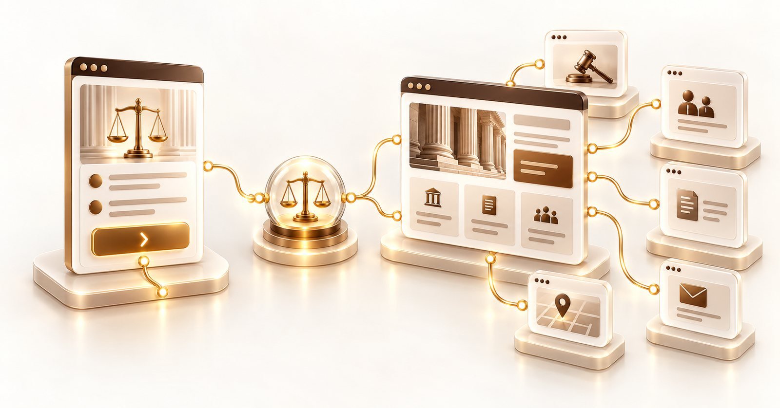 Ilustração 3D comparando landing page focada e site institucional completo para advogado