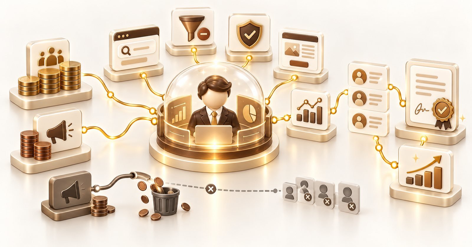 Ilustração 3D de gestor de tráfego jurídico conectando investimento, campanhas, qualificação e contratos em tons dourados e marrons